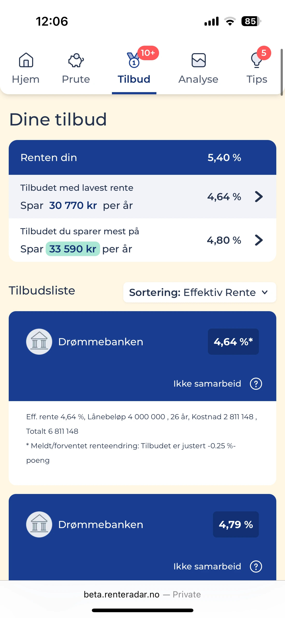 Smarttelefon med skjermbump fra Renteradar